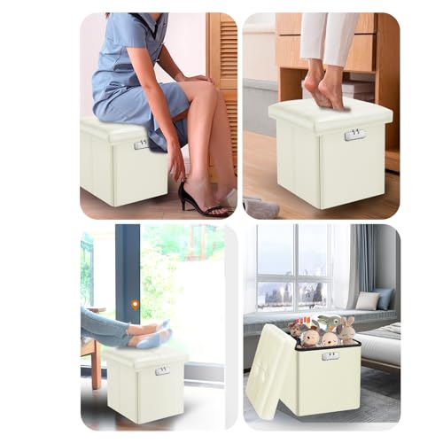 Tamfile Small Ottoman with Storage, 13 x 13 x 13 inch Fireproof Safe Folding Ottoman with Lock for Important Documents, Waterproof Foot Rest Stool with Storage, Ottoman Foot Rest with Handle, Beige