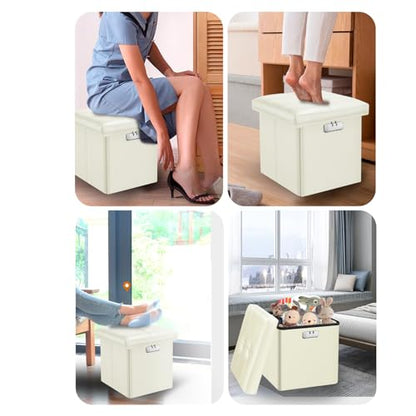 Tamfile Small Ottoman with Storage, 13 x 13 x 13 inch Fireproof Safe Folding Ottoman with Lock for Important Documents, Waterproof Foot Rest Stool with Storage, Ottoman Foot Rest with Handle, Beige