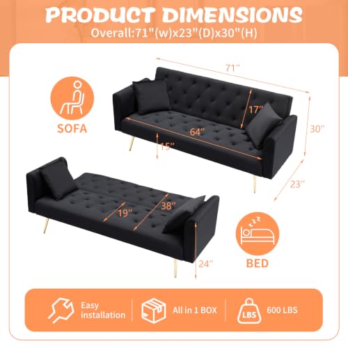 71" Modern Velvet Sofa Bed Futon, Convertible Sleeper Couch, Adj. Backrest (Black-Velvet) - color: Black-velvet