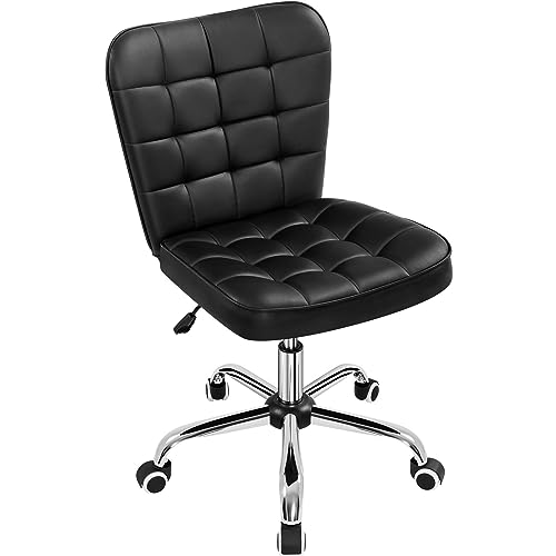 Yaheetech Black Tufted Armless Office Desk Chair with Wheels, Faux Leather | Thick foam cushioned seat tilts back to relax, lifts 18-22 in, spins 360 degrees, holds 300 lb, and assembles with ease. - color: Black