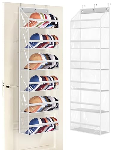 AOODA Clear Over the Door Hat Racks for Baseball Caps, Large Holds up to 72 Caps Hat Storage Organizer for Closet Wall, Deep Pockets Hanging Snapback Holder Shelves with 3 Hooks, White - color: White, size: 53.5"