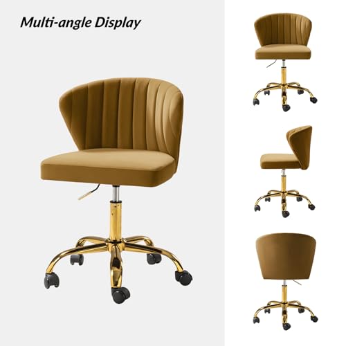 TINA'S HOME Velvet Office Desk Chairs with Wheels & Gold Base, Golden | Modern Velvet Cute Armless Office Chair, Adjustable Low Back Swivel Vanity Chair, Upholstered Task Chair for Living Room - color: Golden