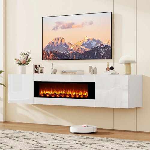 70" Wall Mounted Floating TV Stand with 36" Electric Fireplace, High Gloss Floating Entertainment Center TV Shelf for TVs Up to 80", White Fireplace Media Console Table Floating TV Cabinet Living Room - color: White, size: 70"-with fireplace