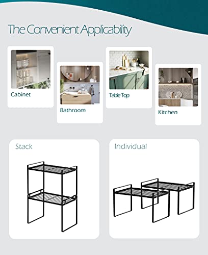 Shantton 2pk Kitchen Cabinet Shelf Counter Organizer Rack Pantry Storage Bathroom Bedroom Office Table Desk Space Saving Steel Frame Stackable Rust Resistant Non Slip Black-Tall-L13in W8.3in H9.5in | 2-Pack Stackable Metal Riser Holds 40LBS with Non-Slip