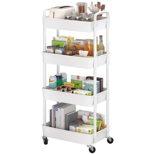 Sywhitta 4-Tier Plastic Rolling Utility Cart with Wheels for Storage,White | Multi-Functional Storage Trolley, for Office, Living Room, Kitchen, Bathroom,Movable Organizer,Space-Saving,Easy to assemble - color: White, size: 4-tier