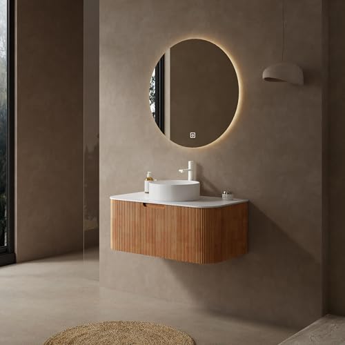 36” Floating Bathroom Vanity with Sink, Fluted Wall-Mounted Solid Wood Cabinet, White Ceramic Round Basin, Faux Marble Top, Soft-Close Drawer, Pre-Assembled, Natural Woodgrain - color: 02 - Natural Woodgrain, size: 36"