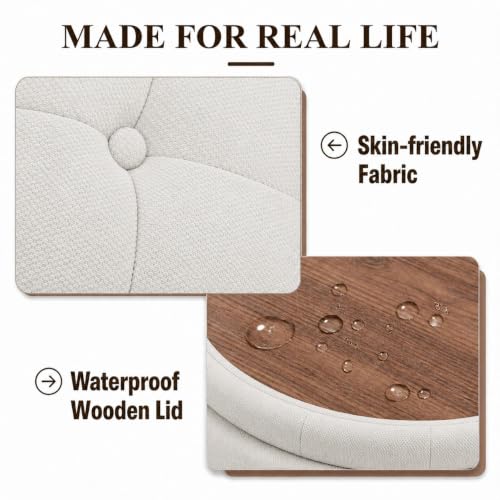 25" Round Ottoman with Storage, Small Coffee Table with Reversible Tray Lid | Tufted Fabric Round Storage Ottoman with Solid Wood Legs, 3-in-1 Footrest for Living Room, Bedroom, Entryway, Beige - color: Beige