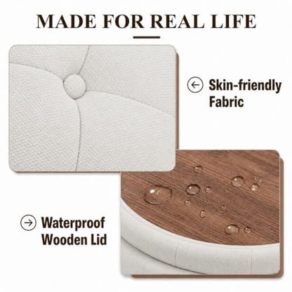 25" Round Ottoman with Storage, Small Coffee Table with Reversible Tray Lid | Tufted Fabric Round Storage Ottoman with Solid Wood Legs, 3-in-1 Footrest for Living Room, Bedroom, Entryway, Beige - color: Beige