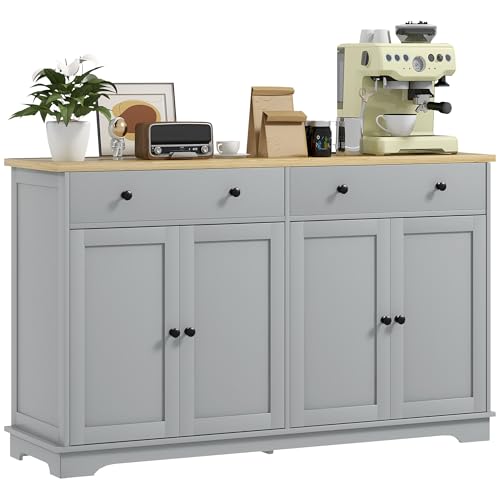 HOMCOM Sideboard Buffet Cabinet Solid Wood Countertop Gray | Modern Kitchen Storage, Coffee Bar Cabinet, 2 Drawers, Doors, Adjustable Shelf - color: Grey, size: 55.1" x 15.7" x 33.5"