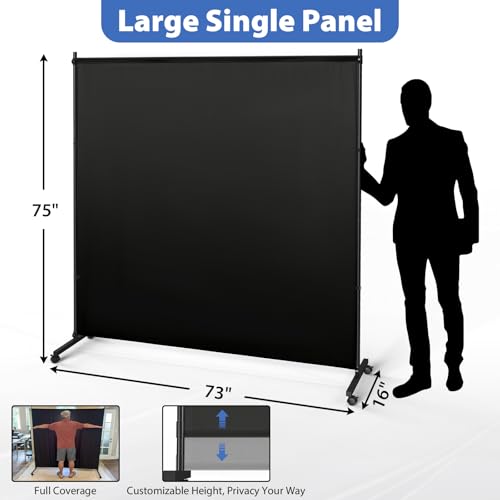 Large Single Panel Room Divider, 73" x 75" Freestanding Privacy Screen with Wheels, Thickened Fabric Partition Wall for Room Separation, Portable Room Separator for Indoor Office, Bedroom,Patio - color: Black