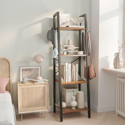 YMYNY 4 Tiers Ladder Bookcase, Industrial Narrow Bookshelf, Open Display Rack with 4 S Hooks, Metal Storage Shelves for Bedroom, Home Office, Living Room, Rustic Brown, 49.2H*13.4L*11.8W, UHBC024H - color: Rustic Brown, size: 4 Tiers