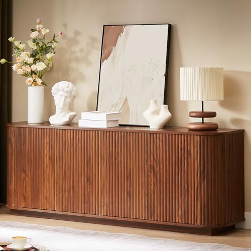 Fluted TV Stand for TVs Up to 75 Inch, Walnut Mid Century Modern TV Console for Living Room, Entertainment Center with Storage, Wood Media Console Cabinet - color: Walnut