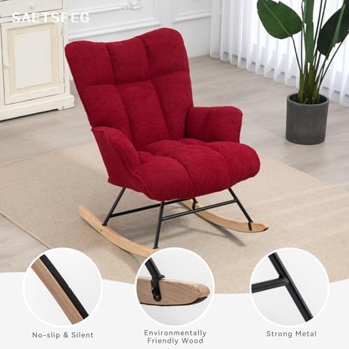 Rocking Chair Nursery Teddy Upholstered Glider Rocker Rocking Accent Chair Padded Seat with High Backrest Armchair Comfy Side Chair for Living Room Bedroom Offices (Burgundy Teddy) - color: Burgundy