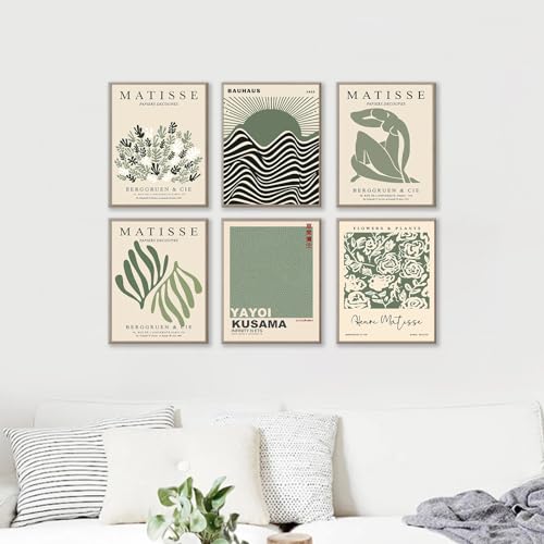 KBKBART Sage Green Matisse Wall Art Prints - Minimalist Flower Market Floral Yayoi Kusama Prints, Wall Art for Aesthetic Room - color: Green Matisse Wall Art, size: 8x10 inch