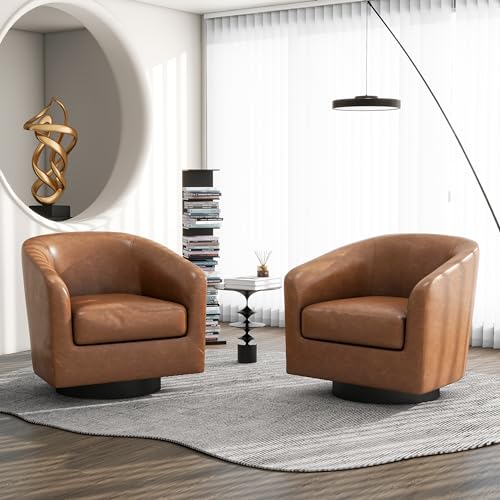 Swivel Barrel Accent Chair, Comfy Reading Armchair, Brown, Set of 1 | Club Chairs for Adults, Low-Back Design, Modern Round Style, Solid Wood Frame & Metal Swivel Base, For Living Room & Bedroom - color: Brown