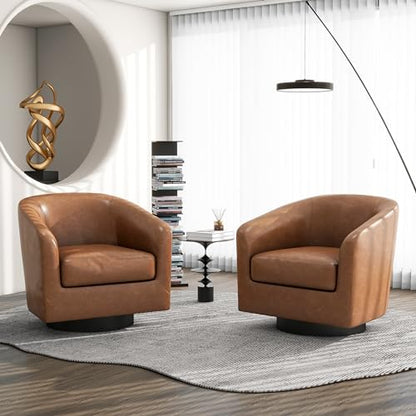 Swivel Barrel Accent Chair, Comfy Reading Armchair, Brown, Set of 1 | Club Chairs for Adults, Low-Back Design, Modern Round Style, Solid Wood Frame & Metal Swivel Base, For Living Room & Bedroom - color: Brown