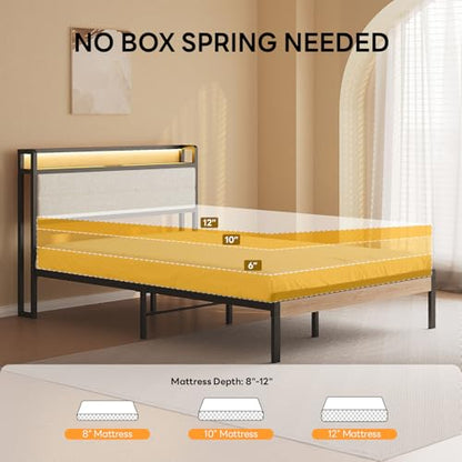 LIKIMIO Full Bed Frame with Headboard, LED Lights and Charging Station | Upholstered sherpa storage headboard with LED & charger; heavy-duty slats; noise-free; modern elegance; natural and cream - color: Natural and Cream, size: Full