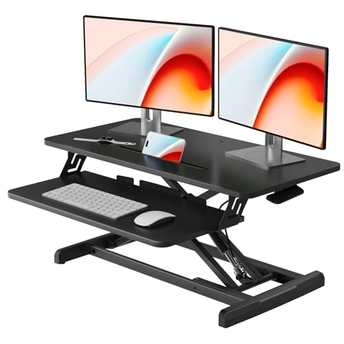 JOY worker Standing Desk Converter, 32" Height Adjustable Sit Stand Riser | Black Desktop Sit to Stand Riser with Fixed Keyboard Tray, Monitor and Laptop Workstation, Particle Board, for Home Office - color: Black, size: 32 Inch