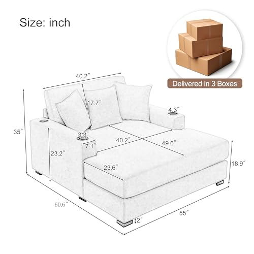 Modern Indoor 55" Oversized Chaise Lounger, Chenille Fabric Sofa Couch with Pillows, Armrest Cup Holders, Removable Washable Covers, Reclining Sleeper Chair for Living Room,Office (Blue Gray,55") - color: Blue Gray,55"