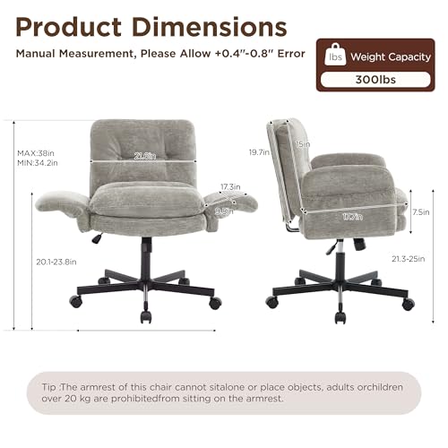 FiveWillowise Cross Legged Office Chair with Flip-up Arms&Back,Light Grey | Criss Cross Chair With Thicken Wide Seat,Lounge Makeup Vanity Chairs with Side Pockets,Comfy Home Office Desk Chair,Chenille - color: Light Grey