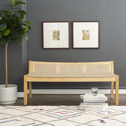 Powell Kasi Natural Low Back Cane Bench with Beige Upholstered Seat - color: Natural