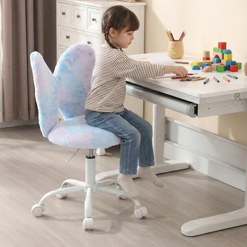 chairus Kids Desk Chair Butterfly Faux Fur Study Chair for Teenage Girls Adjustable Kids Vanity Chair for Bedroom Reading Living Room, Small Cute Student Task Chair with White Foot, Baby Blue - color: Butterfly, Blue