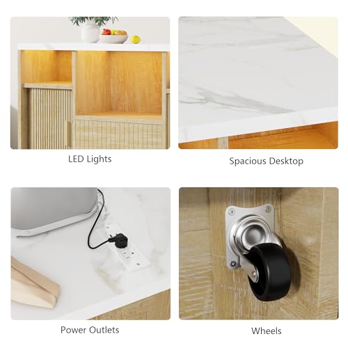 Kitchen Island on Wheels, Rolling Island Cart with Power Outlet | & RGB LED Light, Movable Buffet Cabinet with Fluted Sliding Door, 2 Drawers, Microwave Cart, Large Countertop, Natural - color: Natural