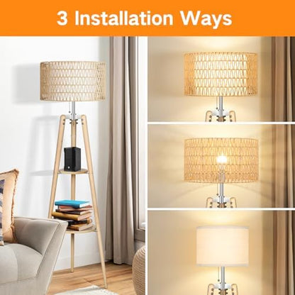 OUTON Boho Rattan Tripod Floor Lamp with Shelves, Dimmable Mid Century Modern Standing Lamp with Remote Control,Wood Tall Floor Lamps for Living Room Bedroom Office Farmhouse Bulb Included - color: Wood