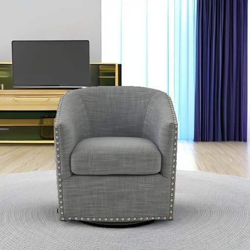 Madison Park Swivel Barrel Accent Chair, Upholstered Curved Back with 7-Inch Thick Woven Cushion, 360° Swivel, Nailhead Trim, Comfy Chair for Living Room, Bedroom, Office, 28" Wide, Grey, Tyler - color: Grey