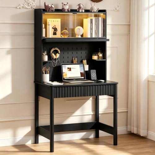 Lvifur 31.5" LED Study Desk with Hutch,Outlets,Reading Lights | Computer Desk with Charging Station,2 Drawer,Compact Writing Desks,Home Office Desks for Bedroom,Black - color: Black