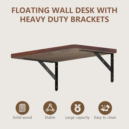 Floating Wall Desk for Home Office,Wall Mounted Table with Pine Wood,24 Inch Workbench for Garage,Work Table with Heavy Duty Brackets for Kitchen,Dining,Laundry,Floating Shelf for Wall - size: 24*14*8.3 Inch