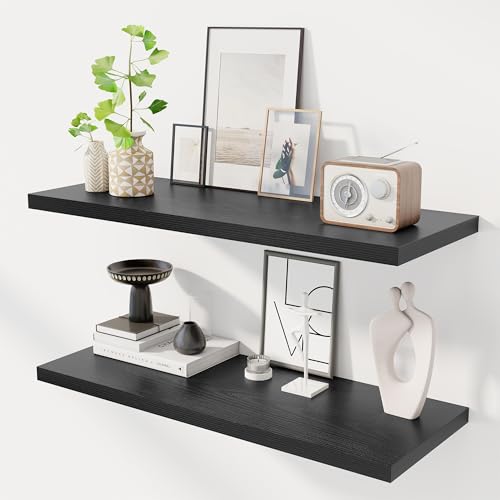 Dreamland 36" Floating Shelves for Wall, 12" Deep Slim Black Floating Shelves,Wall-Mounted Shelves for Bedroom, Living Room, Kitchen, Bathroom - Set of 2 - color: Black, size: 36"W x 12"D x 1.3"H, Set of 2