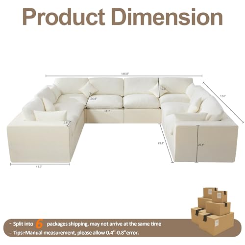 146''Cloud Boneless Sectional Couch, Modular Sectional Sofa Deep Seat, Oversized Upholstered Convertible Comfy 8 Seater Chenille Memory Foam Sofa U Shape Couches for Living Room, Beige - color: Beige, size: 146"/8 Seater