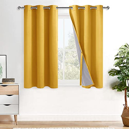 XWZO 100% Blackout Curtains 45 Inches Long with Tiebacks- Soundproof & Energy Efficiency Window Draperies Grommet Top with Black Liner for Bedroom/Living Room, Yellow, W38 x L45, Set of 2 - color: Yellow, size: 38"W x 45"L (Pack of 2)
