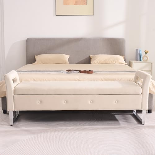 Chifee & Vingol Storage Bench with Armrests, 67.91 Inch Velvet End of Bed Bench Upholstered Storage Ottoman for Bedroom, Livingroom, Entryway - Beige - color: 68"-beige