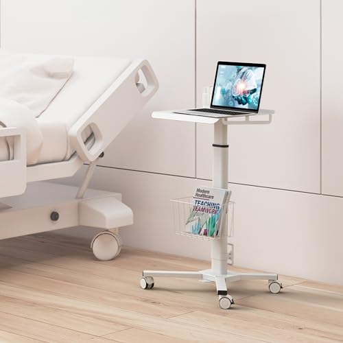 ONKRON Laptop Cart on Wheels, max 17.6 lbs, Portable Workstation, White | Rolling laptop desk with 29.7-45.2" height adjustment, locking wheels and storage basket; for home, office & school