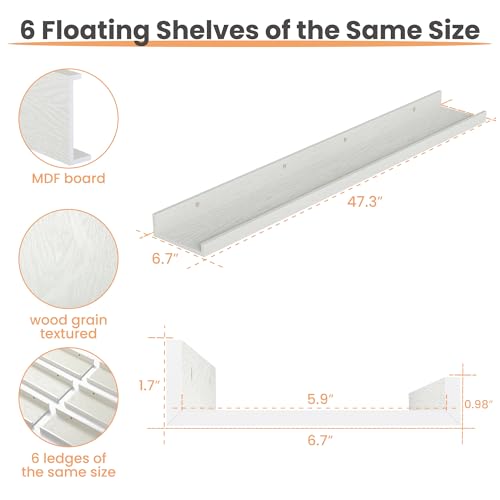 upsimples Floating Shelves for Wall Decor and Storage, White, 6Pcs 47.3'' | Wall Mounted Wood Shelves for Living Room, Bedroom, Kitchen, Office, Hallways Display and Organize Photos - color: White, size: 47.3in