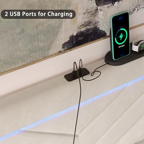 Full Size Bed Frame with Adjustable Headboard and Storage Drawer, Upholstered Bed Frame Full with RGB LED Lights and Charging Station, Easy Assembly, No Box Spring Needed, Off White - color: Off White, size: Full