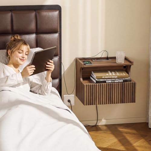 SoBuy Floating Nightstand with Charging Station and LED – Wall Mounted Bedside Table with Drawer and Shelf, Modern Floating Nightstand for Bedroom and Living Room, Walnut Wood Finish FBT180-E-N - color: Walnut, size: Wall Mounted