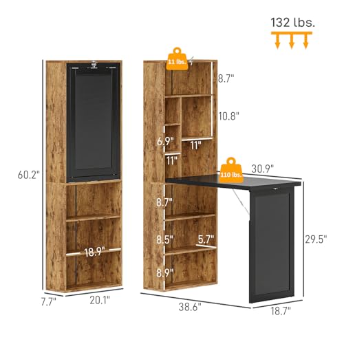 Foldable Wall Mounted Desk with Storage Shelves & Blackboard, Fold-Out Convertible Writing Table for Small Spaces | Space-Saving Floating Computer Desk for Home Office (Brown) - color: Brown