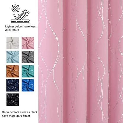 SMILE WEAVER Pink Blackout Curtains for Living Room 54 inch Length 2 Panels,Room Darkening Girls Bedroom Curtains,Silver Printed Design Soft Thick Thermal Insulated Grommet Window Drapes - color: Pink Silver, size: 52"W x 54"L (Pack of 2)