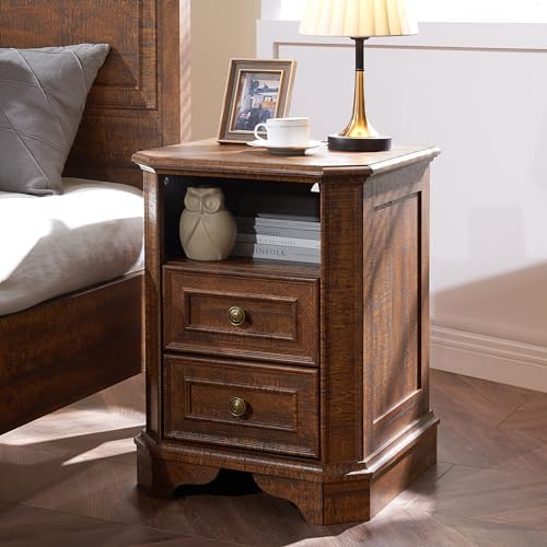 T4TREAM Farmhouse Nightstand with Charging Station, 18" End Table with 2 Drawers, Wood Side Table, Bedside Cabinet for Bedroom, Living Room (Brown) - color: Brown