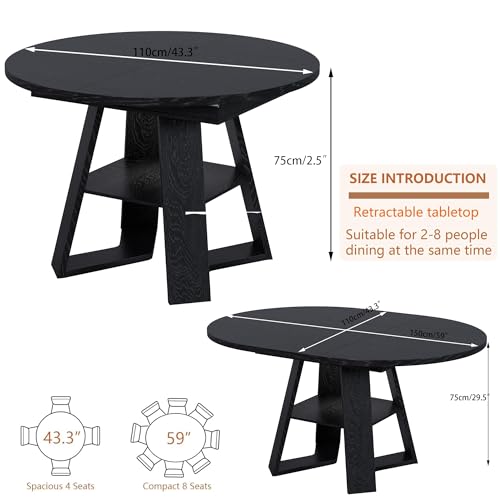 43.3"-59" Extendable Round Oval Dining Table for 4-8 with Storage Shelf | Modern Kitchen Oval Dining Table with Removable Leaves,Space Saving Extendable Table Wood Base for Kitchen Living Room - color: Black Style 3