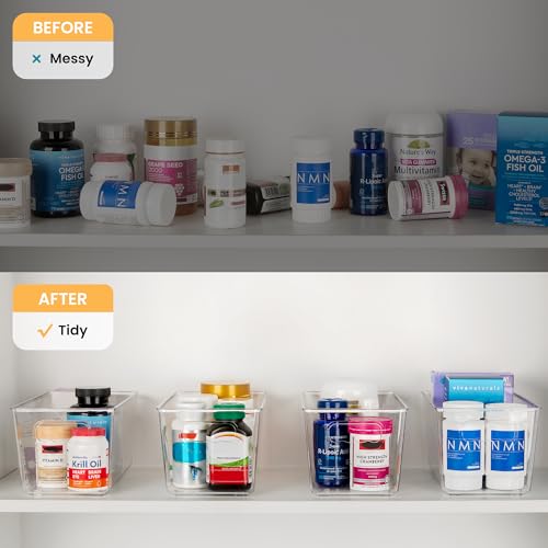YIHONG 4 Pack Clear Storage Bins, Pantry Organizer Bins with Handle, Small | Plastic Bins, Pantry Storage Containers for Kitchen, Freezer, Cabinet, Closet, Bathroom, Under Sink Organizers and Storage - size: S(9.3"L x 5.2"W x 4.3"H)