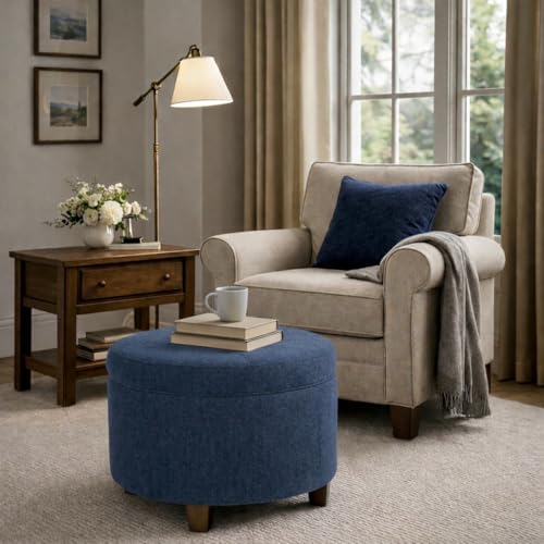 HomePop 24" Large Round Storage Ottoman - Blue Woven Fabric - color: Blue Woven Fabric