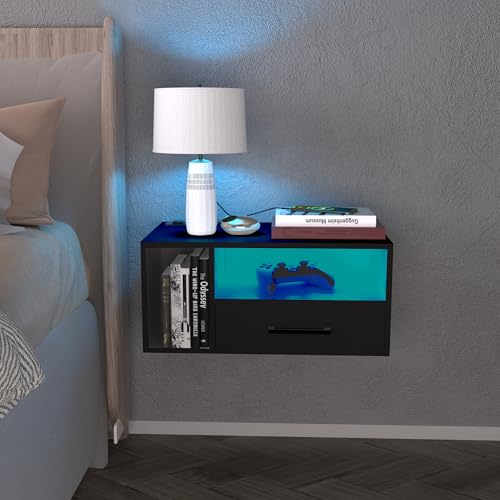 Floating Nightstand with Charging Station & Lights, Black | Floating Bedside Table with Drawers Wall Mounted Nightstands,for Bedroom Room, 21.3" x 11.8" x 10" - color: Black