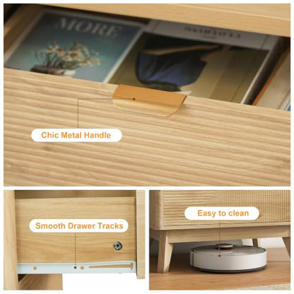 LYNCOHOME 3 Drawer Fluted Nightstand, Modern Wood Night Stand with Curved Profile, Fluted Tall Nightstand with Drawers, Light Oak - color: Natural Stripes, size: 15.7"D x 23.6"W x 28.1"H（3 Drawers）