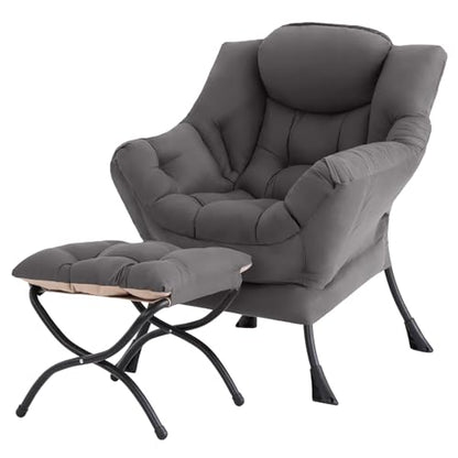 Lazy Chair with Ottoman, Comfy Reading Accent Chair, Dark Grey | Foldable Footrest, Padded Seat and Backrest, Side Pocket for Lounging in Living Rooms, Bedrooms, Dorms and Small Spaces - color: Dark Grey