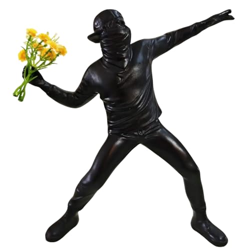 Banksy Street Graffiti Art Statue,Throwing Flower Boy Figurine,Resin Statue Ornaments,Living Room Dining Desk Decorations,Bookshelf Decorative Objects,Modern Home Decor(8.6"/Black) - color: Throwing Flower Boy-black-1