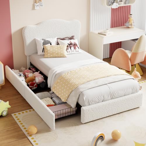 Garvee Upholstered Twin Bed Frame for Kids with 2 Drawers, Velvet Twin Bed for Girls, Boys, Sturdy Platform Bed, No Box Spring Needed, Noise Free, Beige | Velvet Twin Bed for Girls, Boys, Sturdy Platform Bed, No Box Spring Needed, Noise Free - color: Beig